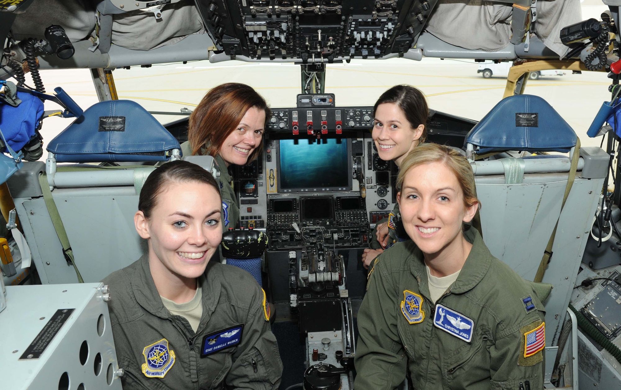 Lt. Col. Jasmin Silence, 350th Air Refueling Squadron commander, Capt. Rachel Quirarte, 349th ARS pilot, Staff Sgt. Danielle Warren, 344th ARS boom operator, and Maj. Chrystina Jones, 22nd Air Refueling Wing Plans and Programs deputy chief, sit in a KC-135 Stratotanker February 23, 2017 at McConnell Air Force Base, Kan. All four attended the 2017 Women in Aviation International Conference March 2-5, Orlando, Florida. (U.S. Air Force photo/Senior Airman Tara Fadenrecht)