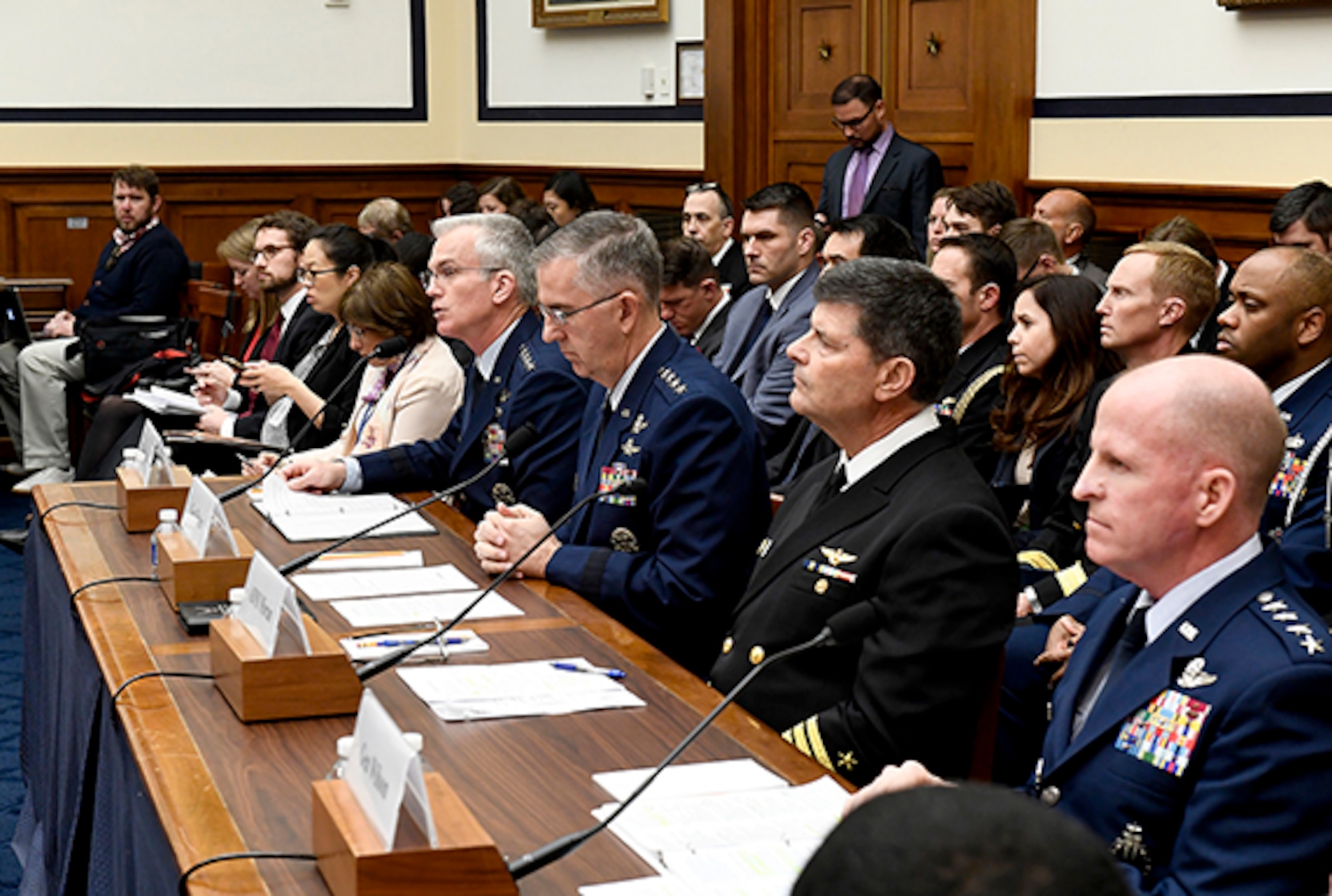 Air Force Vice Chief of Staff Gen. Stephen Wilson, right, testifies before the House Armed Services Committee about nuclear deterrence in Washington, D.C., March 8, 2017.  With Wilson were Vice Chairman, Joint Chiefs of Staff Gen. Paul Selva; U.S. Strategic Command commander, Gen. John Hyten; and Vice Chief of Naval Operations Adm. Bill Moran.  (U.S. Air Force photo/Scott M. Ash)