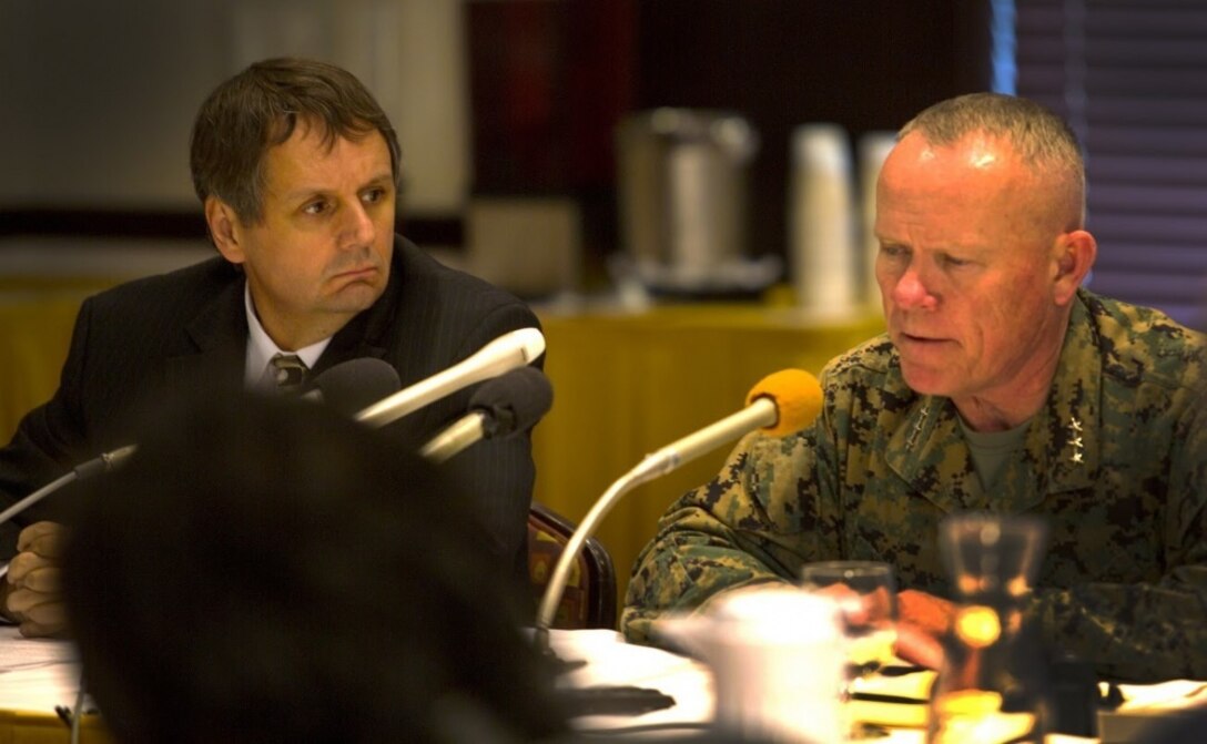 Lt. Gen. Lawrence D. Nicholson and U.S. Consul General Mr. Joel Ehrendreich, spoke with approximately 18 Okinawan and mainland Japan media representatives on March 8, 2017, at Camp Foster, Okinawa, Japan. The media round table was held to answer questions concerning the purpose and reach of the new Okinawa Orientation Overview brief given to newcomers, the actions taken to advance the U.S. and Japanese alliance, and flight policies set in place for U.S. military aircraft operating in and around Okinawa. Nicholson, from Toronto, Canada is the commanding general for III Marine Expeditionary Force. Ehrendreich is the consul general at the U.S. Consulate, Naha. (U.S. Marine Corps photo by Lance Cpl. Joshua Pinkney)