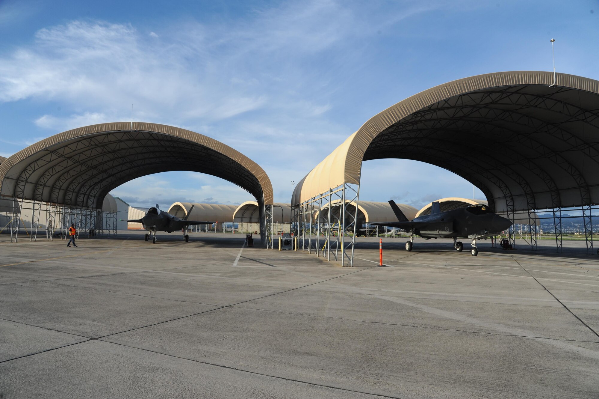 Two Australian F-35A Lightning II Joint Strike Fighters (JSF) arrive to the Hickam ramp at Joint Base Pearl Harbor-Hickam on February 23. Hickam was the last stop before the aircraft would fly at Avalon air show in Victoria, Australia on March 3. The F-35A will provide Australia with a fifth generation aircraft at the forefront of air combat technology, to provide a networked force-miltiplier effect in terms of situational awareness and combat effectiveness. USAF Photo by Capt. Nicole White, 15th Wing Public Affairs