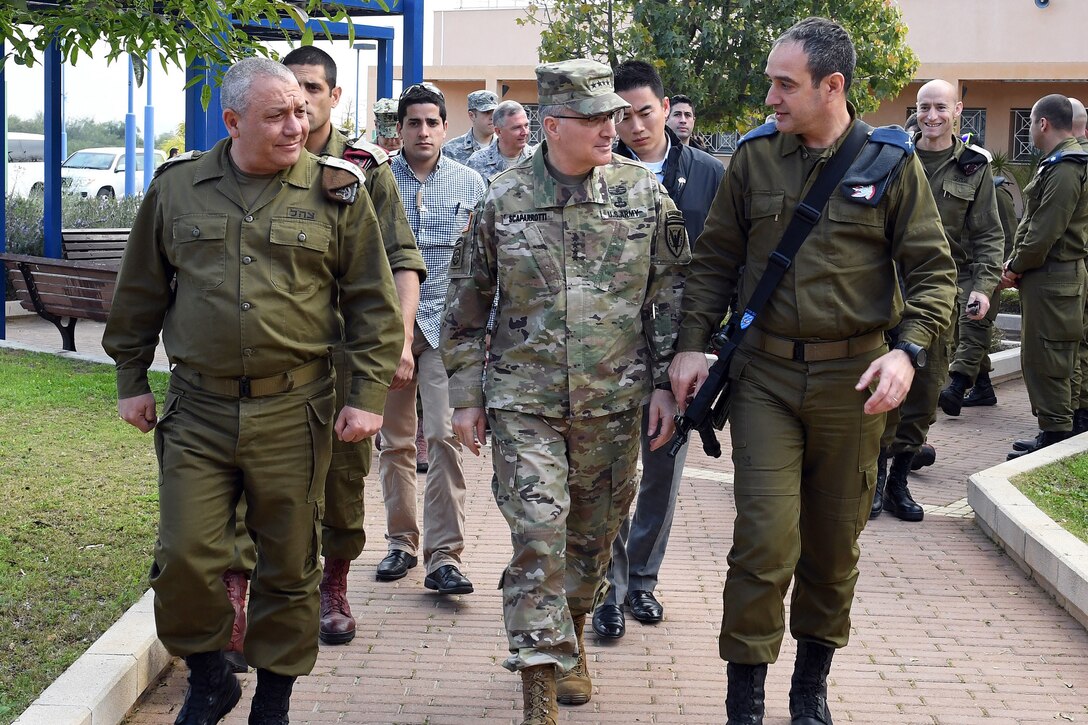 Army Gen. Curtis M. Scaparrotti, commander of U.S. European Command, center, tours the Arrow Missile Defense System headquarters in Palmahim, Israel, accompanied by Israeli Defense Force Chief of Staff Lt. Gen. Gadi Eizenkot, left, and Air Defense Commander Brig. Gen. Zvika Haimovich, March 7, 2017. State Department photo by Matty Stern