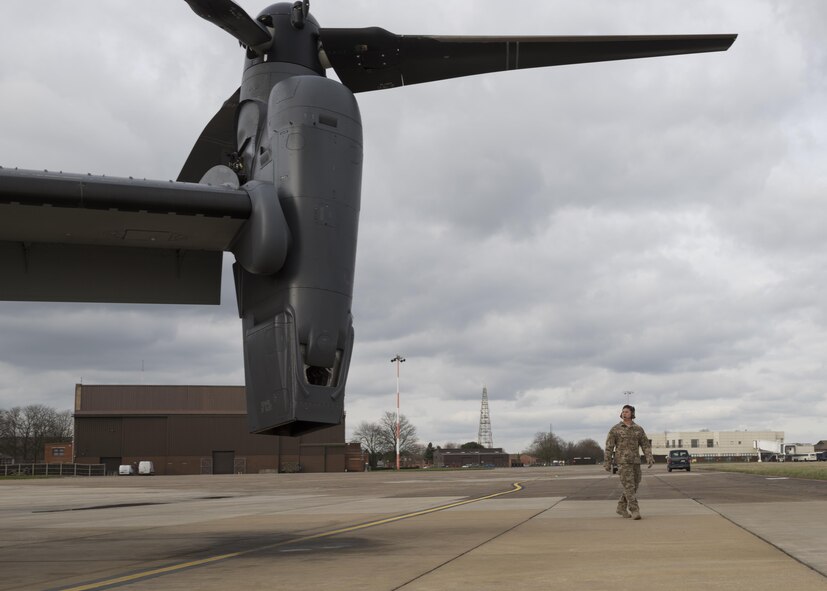 Staff Sgt. Justin O’Brien, 7th Special Operations Squadron special mission aviator, performs a walk around of CV-22 Osprey Mar. 7, 2017, on RAF Mildenhall, England. CV-22 SMAs perform a diverse set of duties which vary depending on which of the two crew positions they are assigned for on a mission. (U.S. Air Force photo/Capt Chris Sullivan)