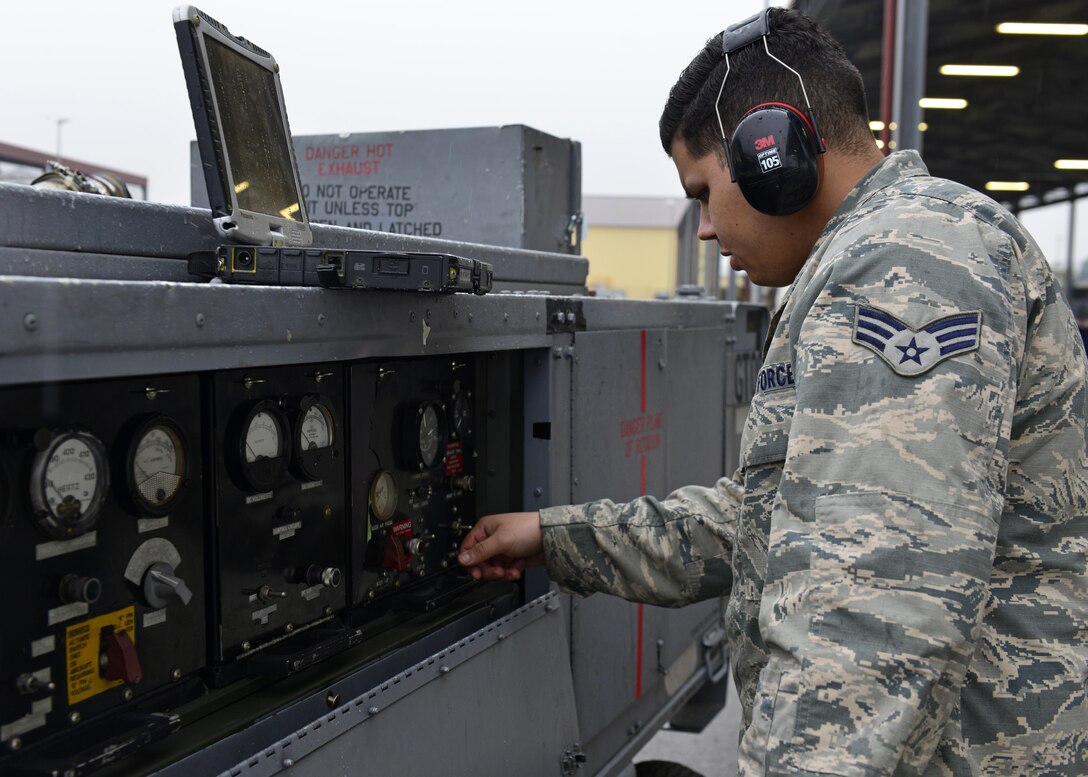 Senior Airman David Castillo-Collazo, 31st Maintenance Squadron Aerospace Ground Equipment journeyman, starts on a generator to perform a system check on equipment, Jan. 31, 2017, at Aviano Air Base, Italy. Instructors from the 372nd Training Squadron Detachment 24 teach Airmen advanced maintenance practices for real-life situations. (U.S. Air Force photo by Senior Airman Cary Smith)