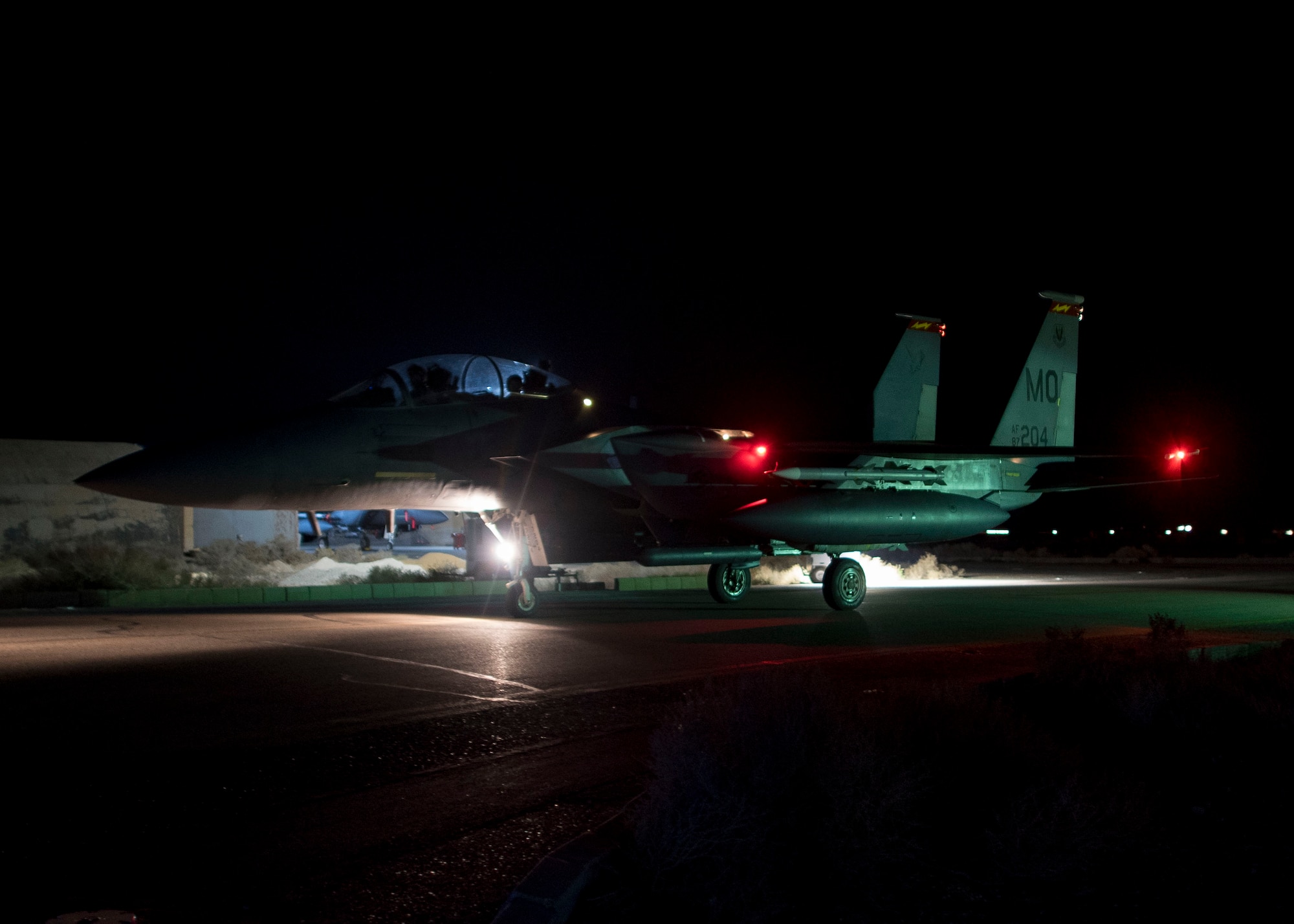 Lt. Col. Gary Marlowe, 389th Expeditionary Fighter Squadron commander and Maj. Staci Landers, 389th EFS executive officer, taxi on the flightline, Feb. 27, 2017 in Southwest Asia. The flight was Landers last flight in the area of responsibility before returning home. (U.S. Air Force photo by Staff Sgt. Eboni Reams)