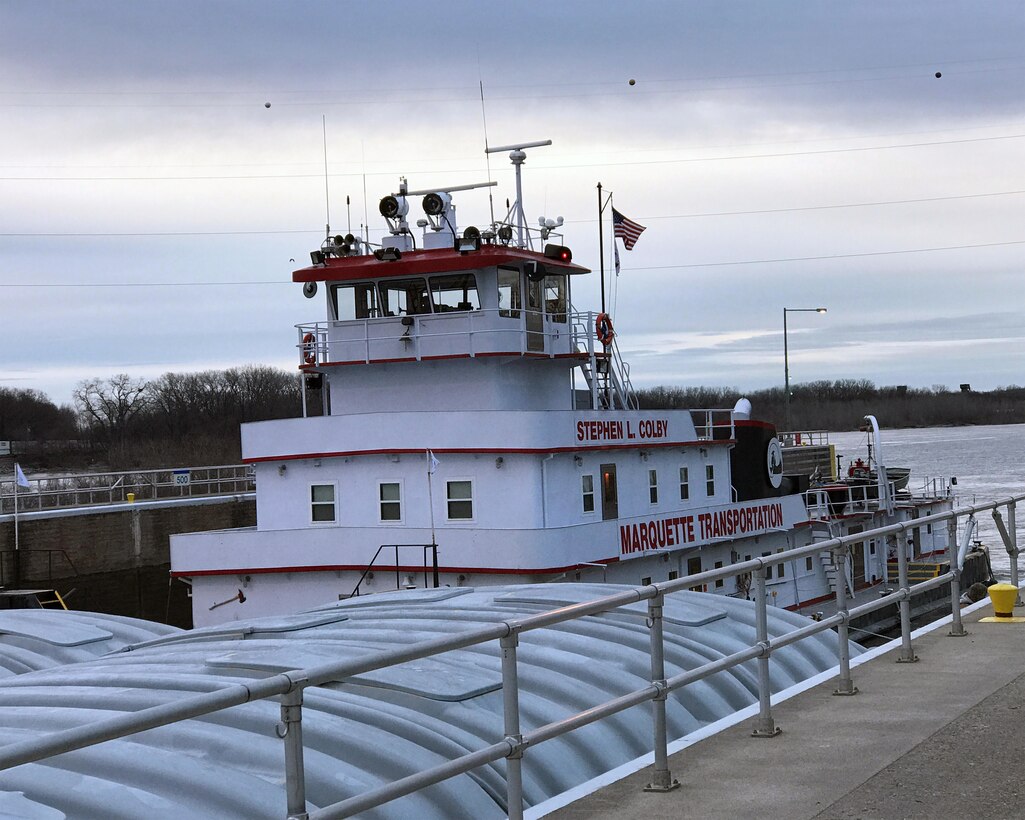 HASTINGS, Minn. -- The Motor Vessel Stephen L. Colby locks through Lock and Dam 2, near Hastings, Minnesota, March 9. The vessel is the first tow of the 2017 navigation season to reach Lock 2. Her final destination is St. Paul, Minnesota.