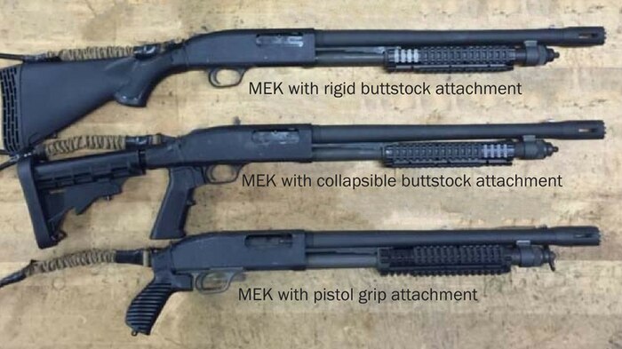 The Military Enhancement Kit provides versatile capabilities to Marine units trained to engage on breaching missions. The kit builds upon the Mossberg M500A2, but gives Marines a shorter, vented breaching barrel and three interchangeable buttstock attachments pictured here. (U.S. Marine Corps photo by Alan Matthews)