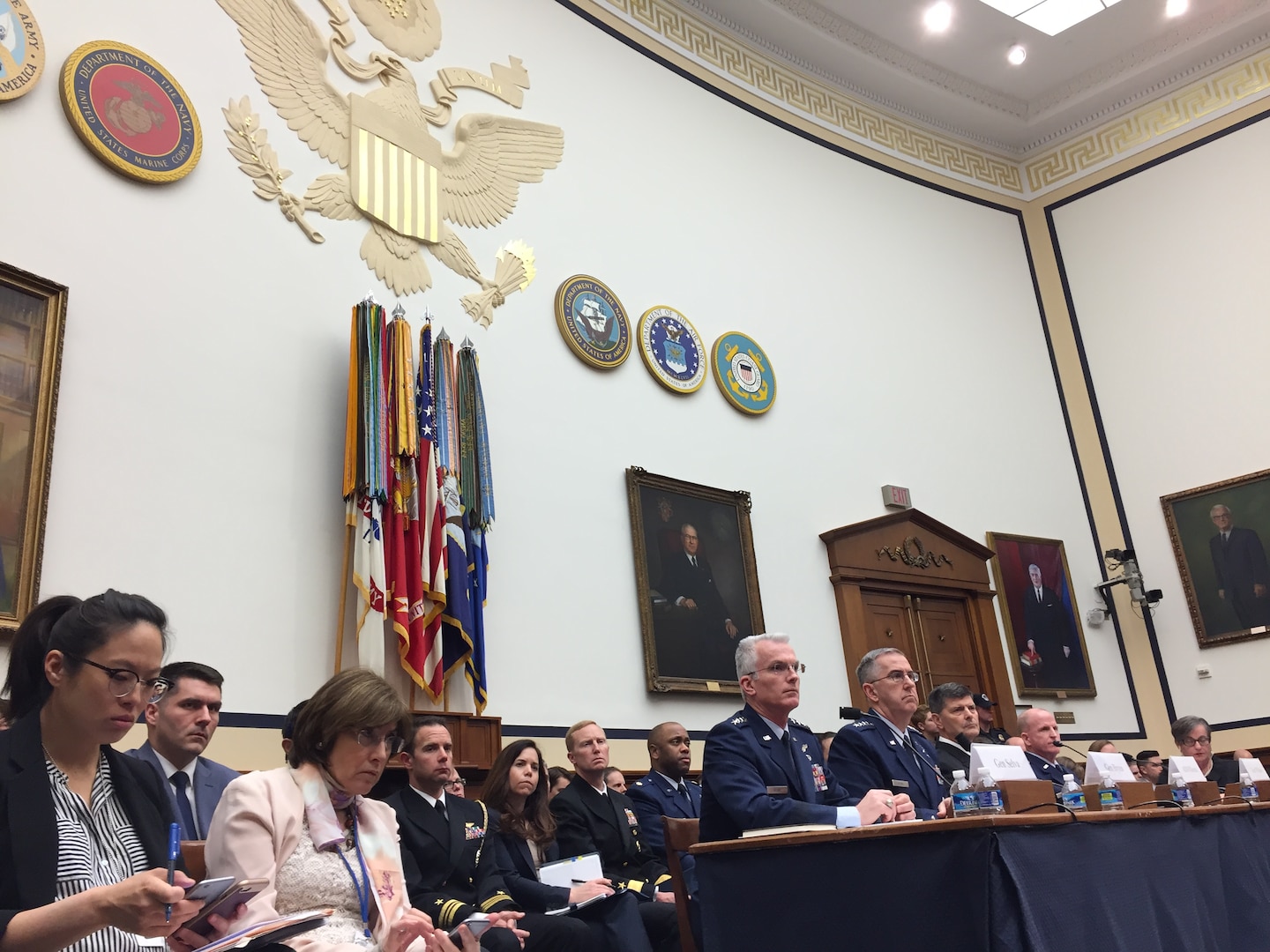 U.S. Air Force Gen. Paul J. Selva (seated left at table), vice chairman of the Joint Chiefs of Staff; U.S. Air Force Gen. John E. Hyten (seated second to left at table), commander of U.S. Strategic Command (USSTRATCOM); U.S. Navy Adm. Bill Moran (seated third to left at table), vice chief of Naval Operations and U.S. Air Force Gen. Stephen W. “Seve” Wilson (seated fourth to left at table), vice chief of staff of the U.S. Air Force, testify before the House Armed Services Committee at the Rayburn House Office Building, Washington, D.C., March 8, 2017.  The admiral and generals provided a military assessment of nuclear weapons requirements to the committee.
The testimony can be viewed online at https://armedservices.house.gov/legislation/hearings/military-assessment-nuclear-deterrence-requirements.  One of nine Department of Defense unified combatant commands, USSTRATCOM has global strategic missions assigned through the Unified Command Plan that include strategic deterrence; space operations; cyberspace operations; joint electronic warfare; global strike; missile defense; intelligence, surveillance and reconnaissance; and analysis and targeting. 