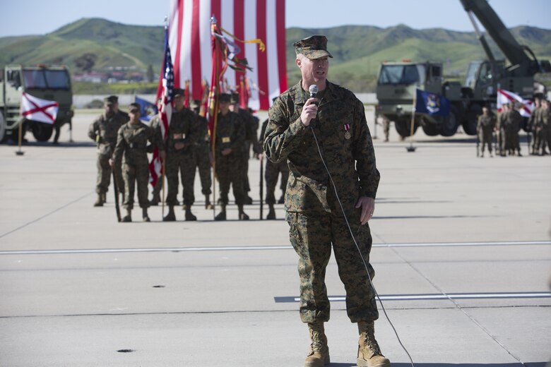 Sgt. Maj. Michael Pritchard, the outgoing sergeant major of Marine Aircraft Group (MAG) 39, addresses guests during his relief and appointment ceremony at Marine Corps Air Station Camp Pendleton, Calif., March 6. Pritchard is slated to take on the role of the 1st Marine Aircraft Wing sergeant major in Okinawa, Japan. He relinquished the post of MAG-39 sergeant major to Sgt Maj. Chad Butts, the previous sergeant major of Marine Wing Headquarters Squadron (MWHS) 3. (U.S. Marine Corps photo by Lance Cpl. Nadia Stark/Released)