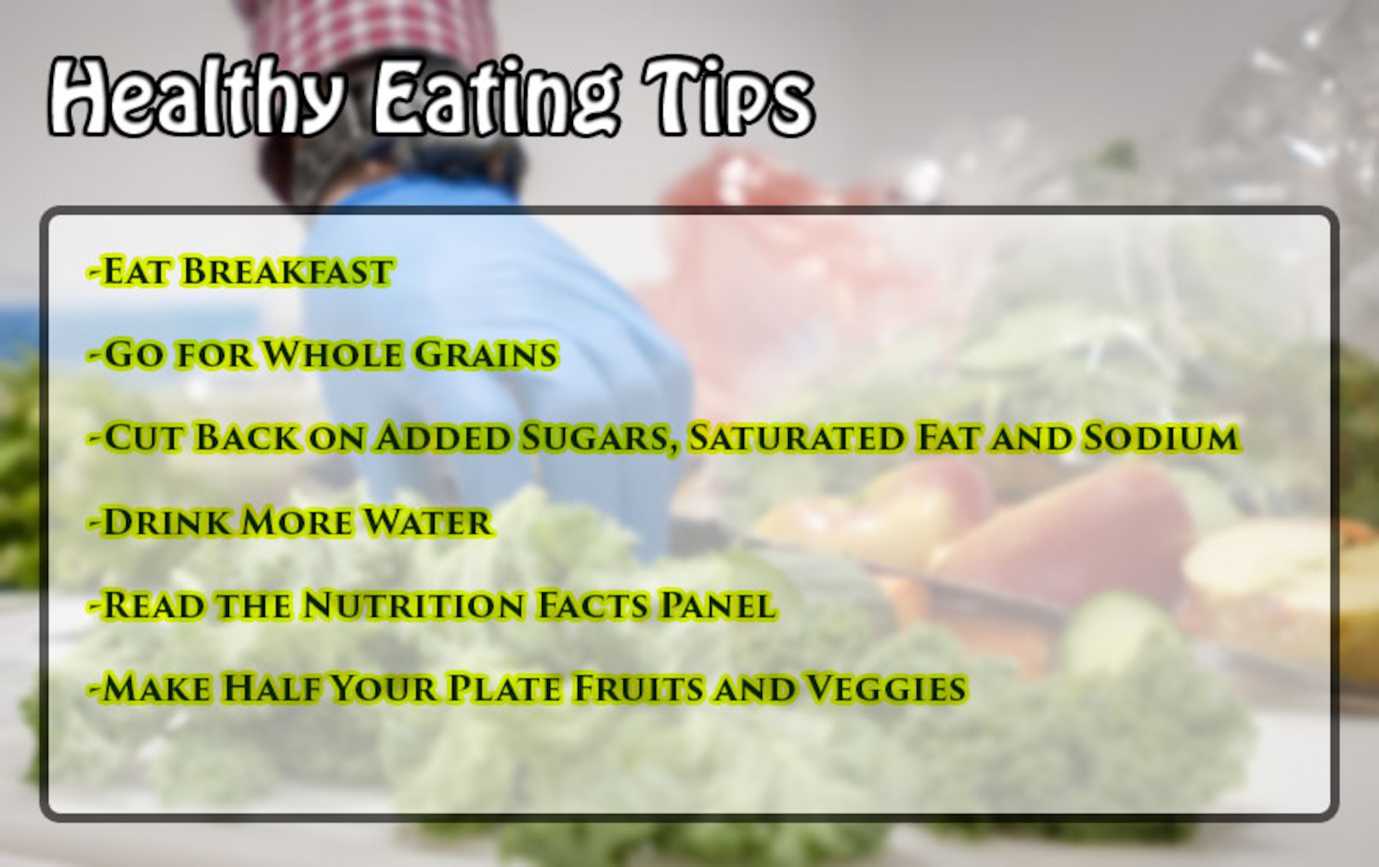 March is National Nutrition Month. Taking steps to improve your diet, such as eating more fruits and vegetables or cutting back on sugar, can benefit your overall physical health. (U.S. Air Force graphic by Airman 1st Class Destinee Sweeney)