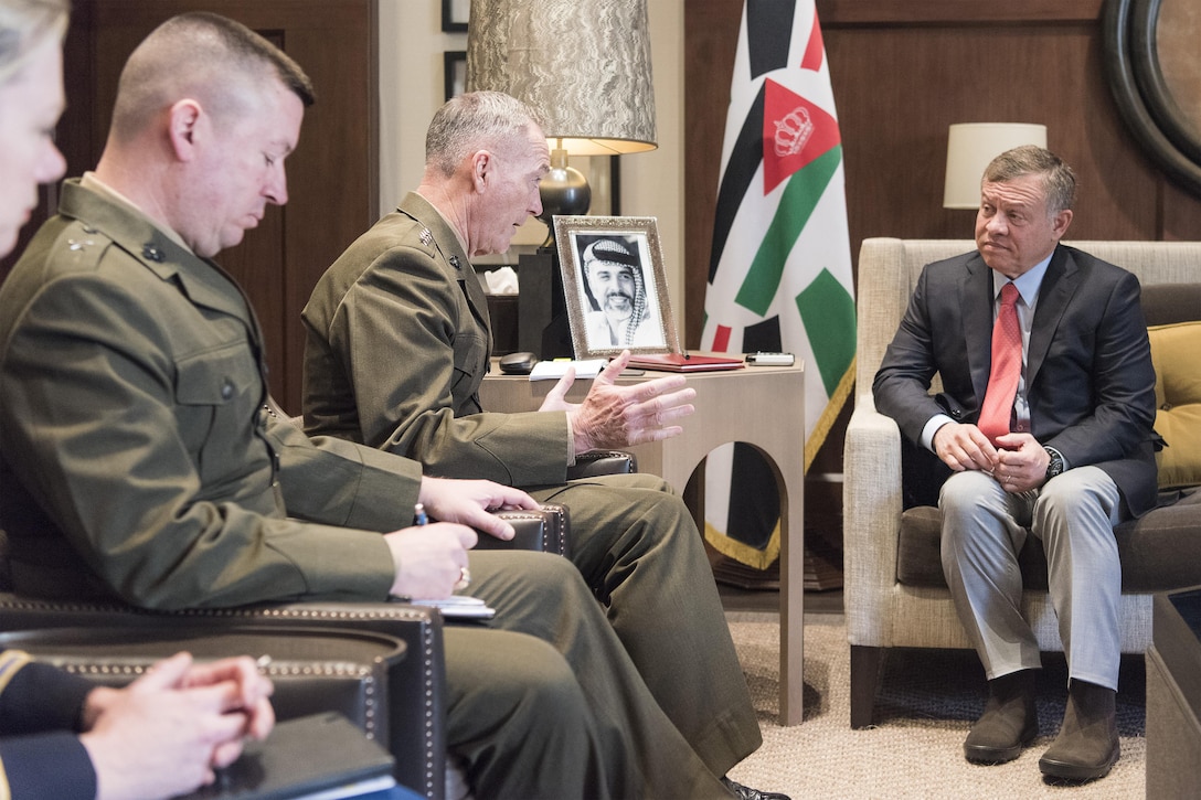 Marine Corps Gen. Joe Dunford, chairman of the Joint Chiefs of Staff, and King Abdullah II discuss the US-Jordanian partnership during a meeting in Amman, Jordan, March 9, 2017. DoD photo by Petty Officer 2nd Class Dominique Pineiro