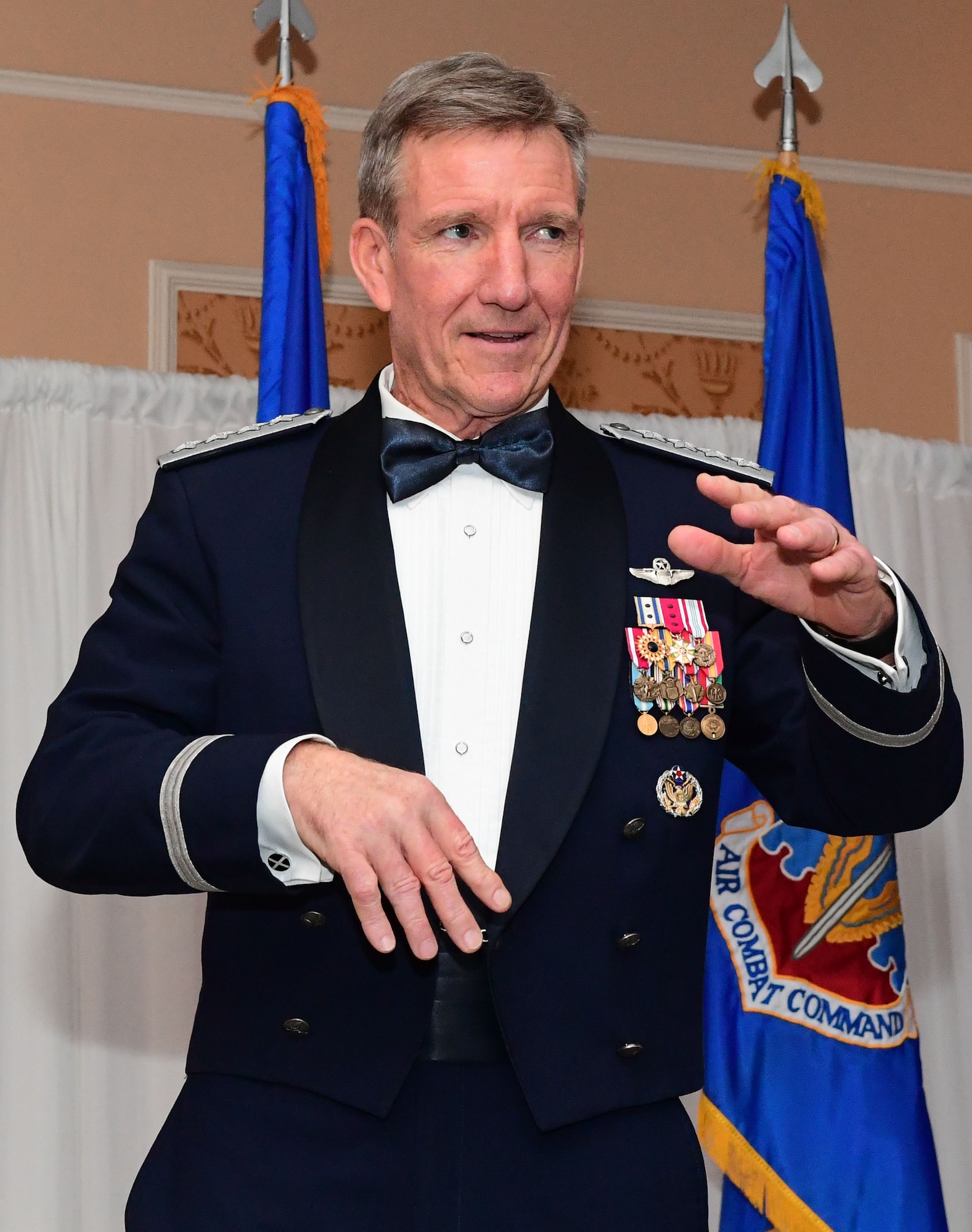 Gen. Hawk Carlisle gives a speech during the 2017 Outstanding Airmen of the Year banquet at the Bayview Community Center in Langley AFB, Virginia, March 8, 2017. The 12 Outstanding Airmen earn the Outstanding Airman ribbon with the bronze service star device and wear the Outstanding Airman badge for one year. They also serve on the Air Force Enlisted Council for one year. (U.S. Air Force photo by Staff Sgt. Nick Wilson)