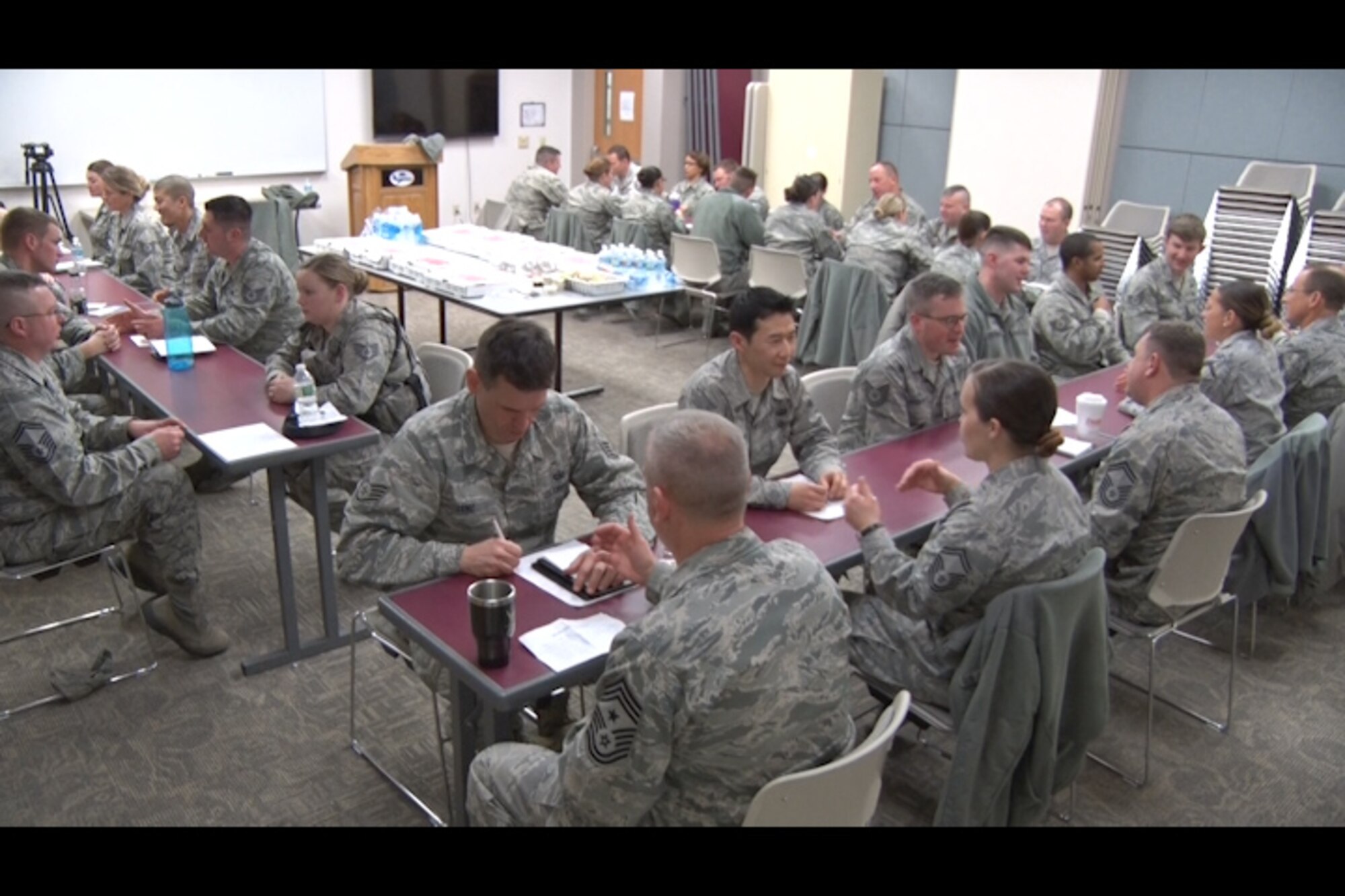NCO’s question Senior NCOs on topics ranging from personal experience to career environments at Pease Air National Guard Base, N.H. Feb. 5. The speed-mentoring event was created as an opportunity for NCOs to build professional relationships and aid their military career. (N.H. Air National Guard still from video by Tech. Sgt. Erica Rowe)