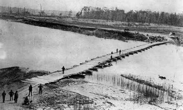 One of the pontoon bridges Gen. Ulysses Grant ordered built across the Big Black River immediately after Maj. Samuel Lockett, the Confederate chief engineer, burned the railroad bridge to allow the a retreat to Vicksburg without Union pursuit.