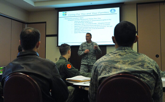 Chaplain (Maj.) Christopher Conklin, 9th Reconnaissance Wing chaplain, gives the Chapel Corps’ portion of the READI brief at Beale Air Force Base, California, March 1, 2017. The READI brief features briefers from 11 different units on base. (U.S. Air Force photo/Airman Tristan D. Viglianco)