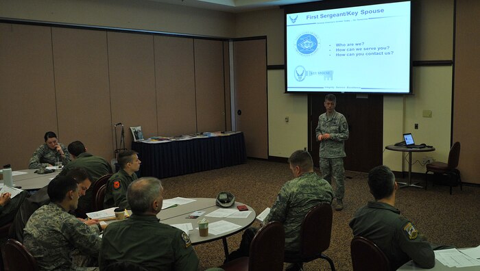 Master Sgt. Christopher Case, 9th Force Support Squadron readiness noncommissioned officer, concludes a READI brief at Beale Air Force Base, California, March 1, 2017. The brief is designed to prepare personnel and families for issues which may arise during deployments. (U.S. Air Force photo/Airman Tristan D. Viglianco)
