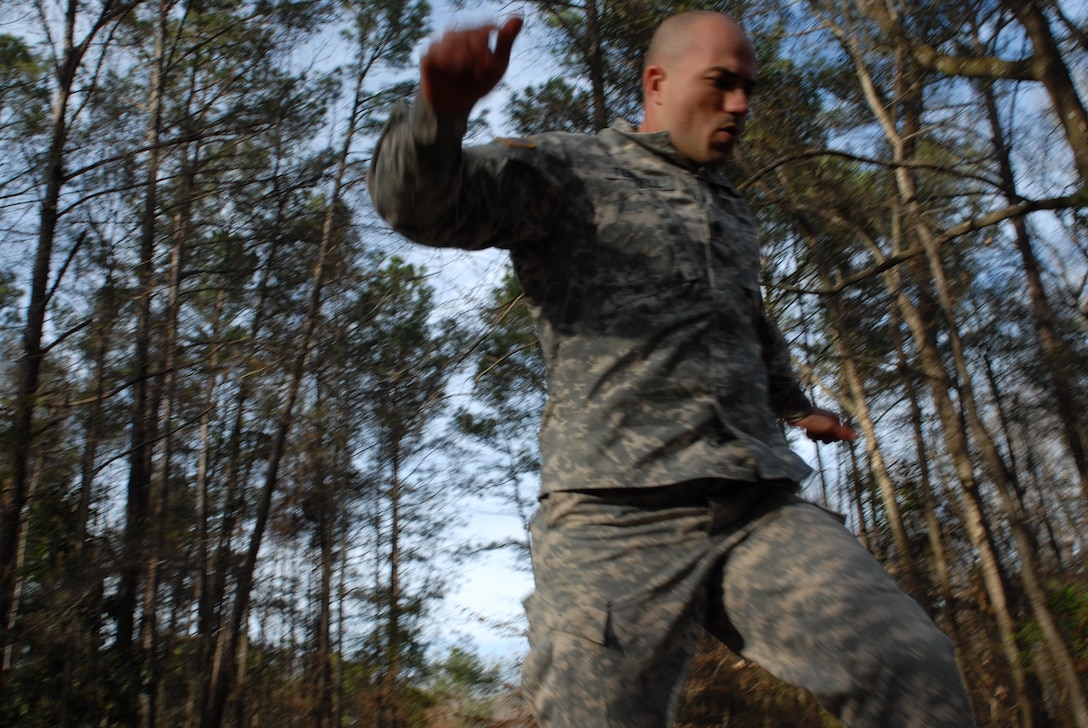 Staff Sgt. David P. Terrell assigned to 7212th Medical Support Unit in Rochester, Minnesota, competes on an obstacle course on Mar. 2.  Terrell is one of six Soldiers from Army Reserve Medical Command who arrived on March 1st, prepared to compete in the command-level Best Warrior Competition for 2017 held 1-5 March at the intellectual center of the maneuver force – Fort Benning, Georgia. The Best Warrior Competition recognizes Soldiers who demonstrate commitment to the Army values, embody the Warrior Ethos and represent the force of the future.