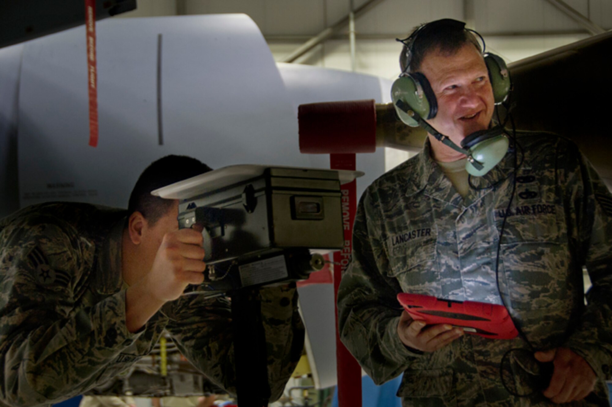 Senior Airman Michael Crowley, 434th Maintenance Squadron communications navigation specialist, and Tech Sgt. Christopher Lannister, 434th MXS communications navigation specialist, test the tactical air collision avoidance system on a KC-135R at Grissom Air Reserve Base, Ind., March 5, 2017. The maintenance was part of an isochronal inspection, in which every system on the aircraft is inspected for damage and signs of wear once every two years. (U.S. Air Force photo/Senior Airman Harrison Withrow)