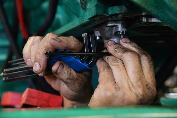Eric Brewer, 341st Civil Engineer Squadron power support systems mechanic, takes apart a launch facility emergency generator March 7, 2017, at Malmstrom Air Force Base, Mont. Brewer’s job is to complete heavy repairs or full rebuilds on the emergency generators. (U.S. Air Force photo/Airman 1st Class Daniel Brosam)