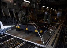 Staff Sgt. Jason Conner, left, 16th Airlift Squadron loadmaster, and Staff Sgt. Javier Lopez unload cargo during Exercise Bonny Jack 2017 on the flightline here, March 8, 2017. Exercise Bonny Jack 2017 is a three-part readiness exercise for the 437th Airlift Wing. The first major event in the exercise was a two-day mobility exercise March 1 and 2, followed by a CBRN exercise. Bonny Jack 2017 will conclude with a large-formation exercise in May.