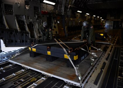 Staff Sgt. Jason Conner, left, 16th Airlift Squadron loadmaster, and Staff Sgt. Javier Lopez unload cargo during Exercise Bonny Jack 2017 on the flightline here, March 8, 2017. Exercise Bonny Jack 2017 is a three-part readiness exercise for the 437th Airlift Wing. The first major event in the exercise was a two-day mobility exercise March 1 and 2, followed by a CBRN exercise. Bonny Jack 2017 will conclude with a large-formation exercise in May.