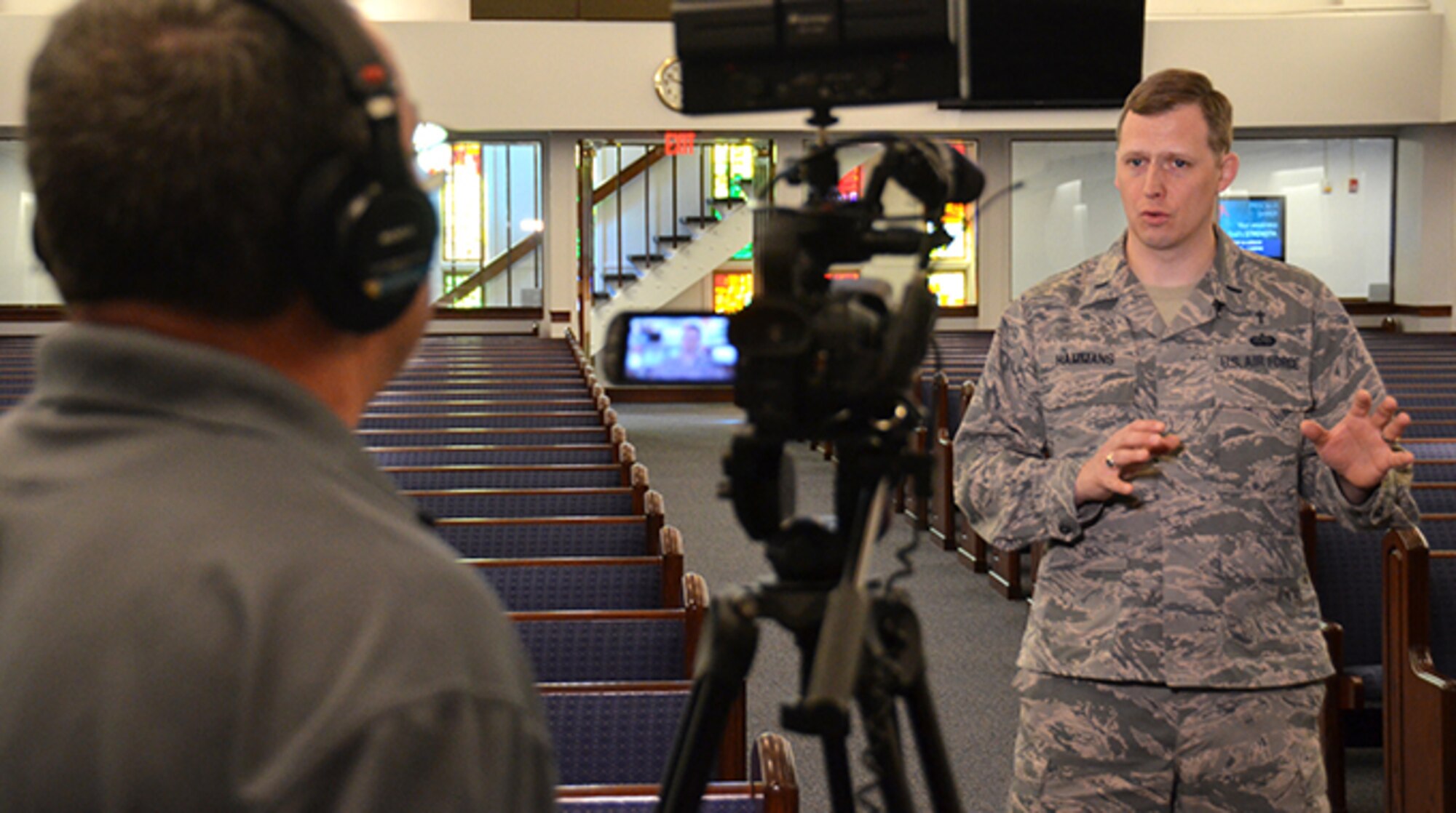 Chaplain (1st Lt.) Joshua Hammans, 78th Air Base Wing chaplain, speaks about resiliency and spirituality during the video session for a brand-new product focusing on resiliency.  The short video clips will be posted on the Robins Air Force Base Facebook page every other Wednesday beginning March 15. (U.S. Air Force photo/Tech. Sgt. Kelly Goonan)
