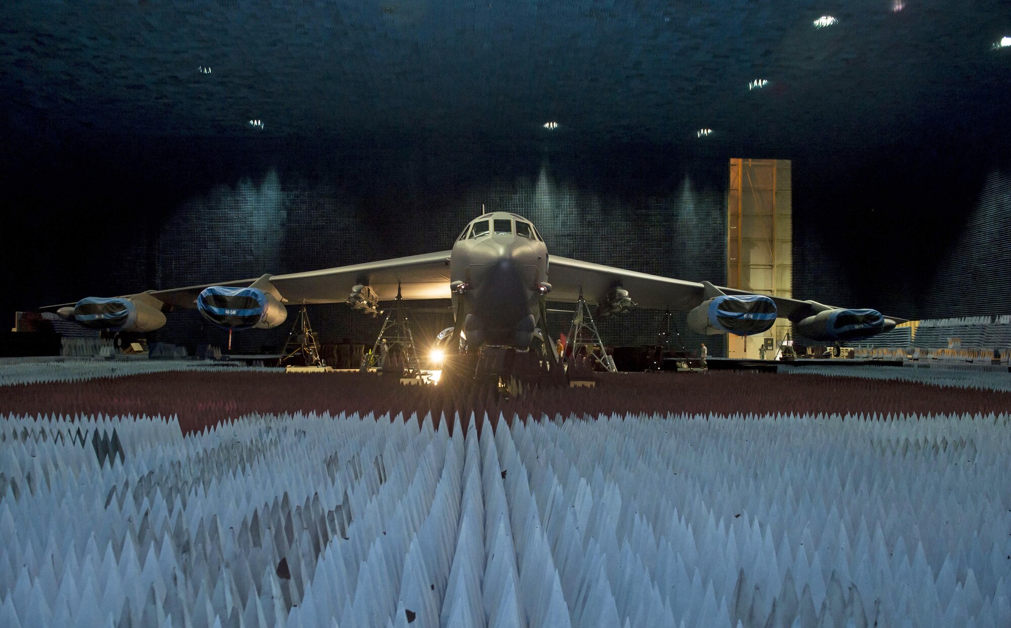 A B-52 Stratofortress prepares to undergo electronic warfare testing in the Benefield Anechoic Facility Jan. 10, 2017. (U.S. Air Force photo by Ethan Wagner)