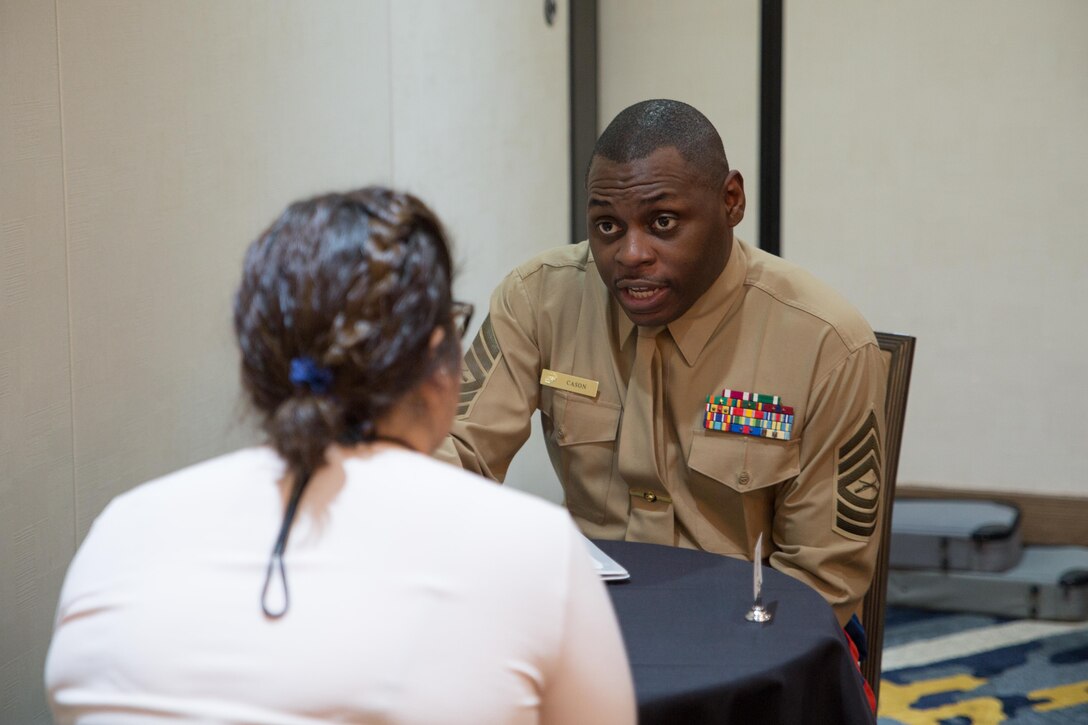 Master Sgt. Damian Cason, Diversity Engagement Chief, Marine Corps Recruiting Command, conducts an interview with a student attending, Latinos in Science and Engineering Leadership Academy (MAES). MAES was founded in 1974 to increase the number of Latinos in engineering, technical, mathematics and science fields. The organization’s mission is to promote, cultivate and honor excellence in education and leadership among Latinos engineers and scientists.