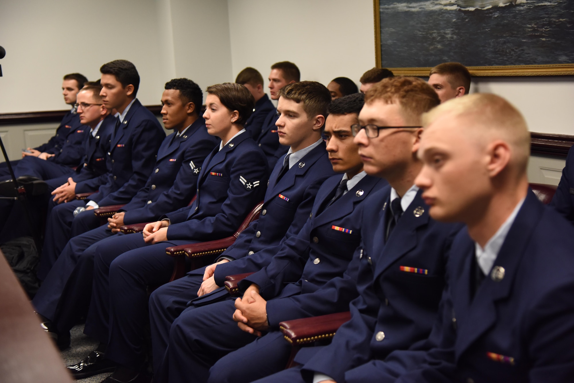 More than 30 Airmen from the 81st Training Group serve as jurors during a mock sexual assault trial held by the 81st Training Wing Legal Office at the Sablich Center March 3, 2017, on Keesler Air Force Base, Miss.  The Airmen, who served as jurors during the mock trial, were able to learn about military justice system. (U.S. Air Force photo by Kemberly Groue)
