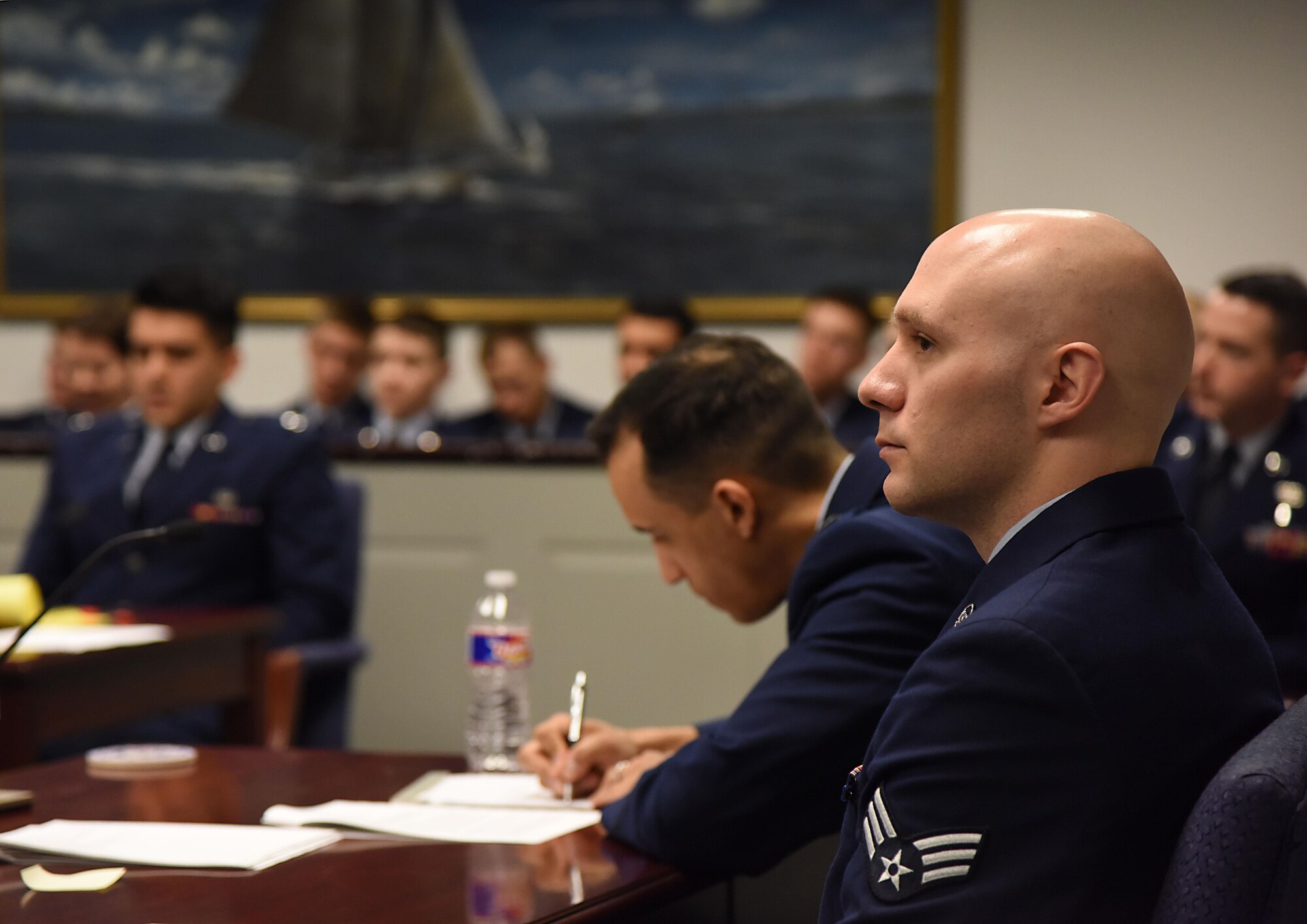 Senior Airman Samuel Stacy, 81st Medical Support Squadron biomedical equipment technician, portrays the “accused” during a mock sexual assault trial held by the 81st Training Wing Legal Office at the Sablich Center March 3, 2017, on Keesler Air Force Base, Miss. The more than 30 Airmen, who served as jurors during the mock trial, were able to learn about military justice system. (U.S. Air Force photo by Kemberly Groue)
Participate
