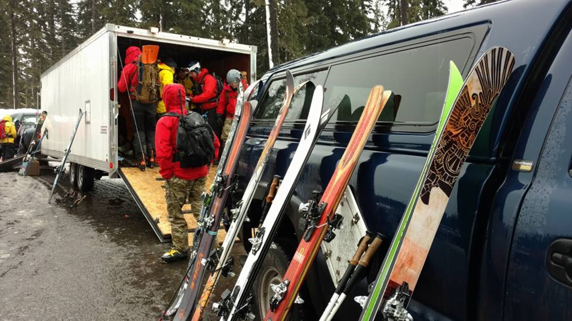 Amidst avalanche warnings and whiteout conditions, Air Force Reserve Guardian Angel Airmen from the 304th Rescue Squadron, Portland, Ore., combined forces with two dozen other searchers and the Air National Guard to find a missing skier March 9, 2017. 