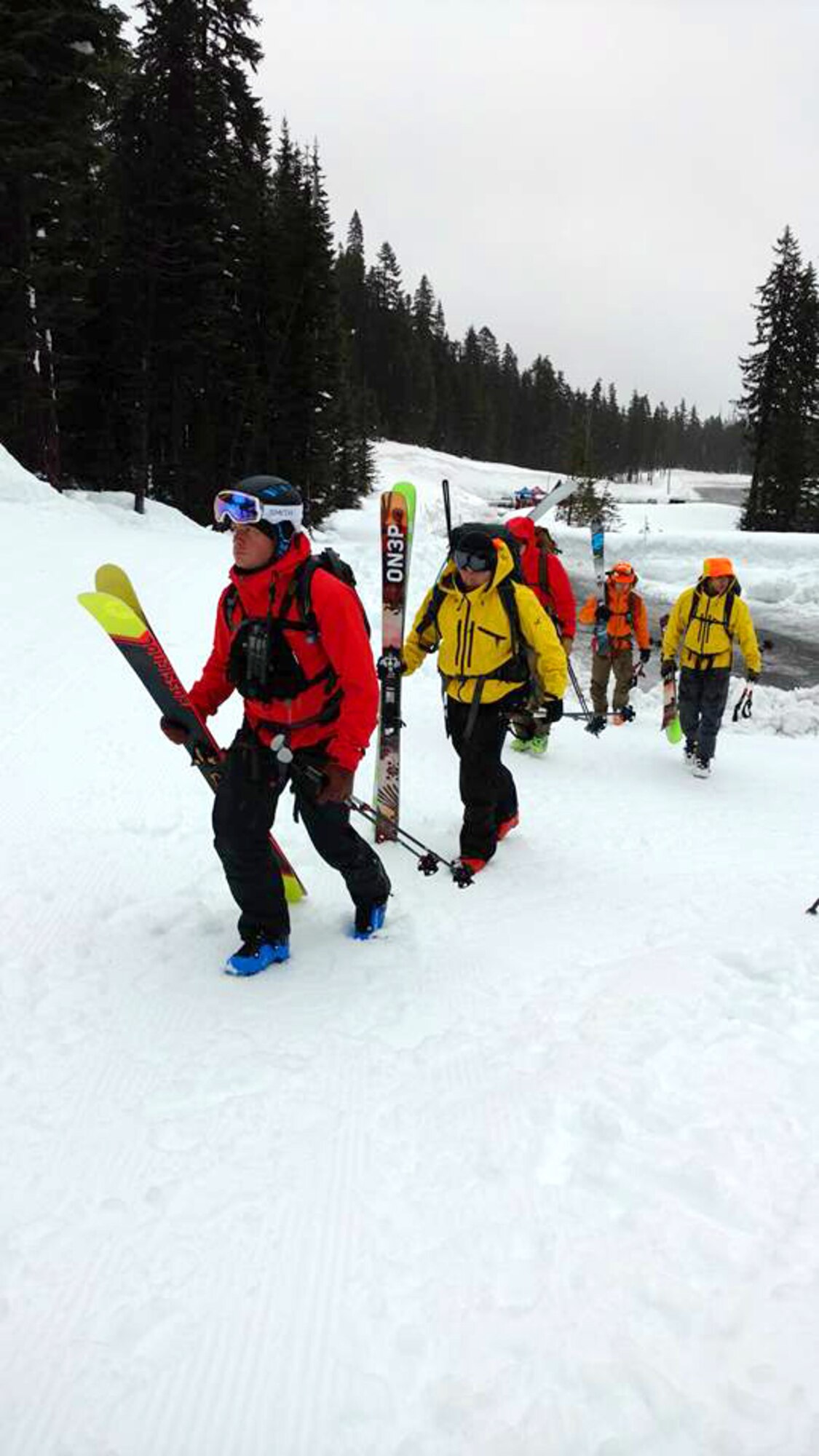 Amidst avalanche warnings and whiteout conditions, Air Force Reserve Guardian Angel Airmen from the 304th Rescue Squadron, Portland, Ore., combined forces with two dozen other searchers and the Air National Guard to find a missing skier March 9, 2017. 