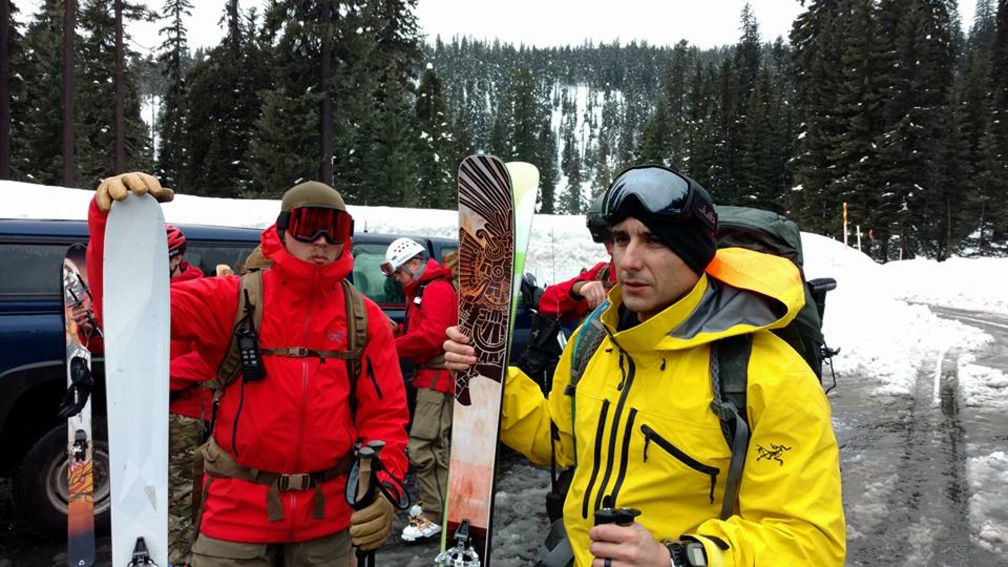 Amidst avalanche warnings and whiteout conditions, Air Force Reserve Guardian Angel Airmen from the 304th Rescue Squadron, Portland, Ore., combined forces with two dozen other searchers and the Air National Guard to find a missing skier March 9, 2017. 