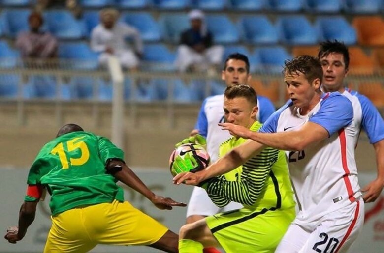 Capt. E. Thomas “Tom” Pinnell, center, Marine Wing Headquarters Squadron (MWHS) 3, plays goalie during the 2017 Conseil International du Sport Militaire (CISM) Military World Cup. Pinnell has been selected for the all-military team, Team USA, and received the Marine Corps Air Station Miramar’s Athlete of the Year award twice. (Courtesy photo/Released)