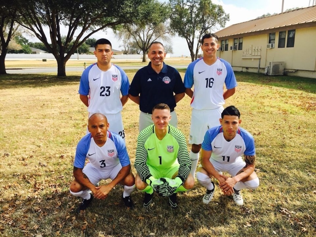 The five Marines selected to represent the USA in the 2017 Conseil International du Sport Militaire (CISM) Military World Cup in Muscat, Oman.  Bottom row: 1st Sgt. Gabriel Jaramillo, Capt. E. Thomas “Tom” Pinnell III, Cpl. Kevin Villanueva Top row: Sgt. Alexander Figueroa, Master Sgt. Mario, 1st Lt. Jesus Ramos. Pinnell, assigned to Marine Wing Headquarters Squadron (MWHS) 3, competed in the 2017 CISM Military World Cup and received the MCAS Miramar’s Athlete of the Year award twice. (Courtesy photo/Released)
