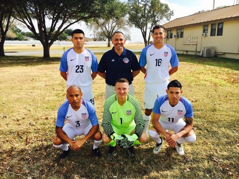 The five Marines selected to represent the USA in the 2017 Conseil International du Sport Militaire (CISM) Military World Cup in Muscat, Oman.  Bottom row: 1st Sgt. Gabriel Jaramillo, Capt. E. Thomas “Tom” Pinnell III, Cpl. Kevin Villanueva Top row: Sgt. Alexander Figueroa, Master Sgt. Mario, 1st Lt. Jesus Ramos. Pinnell, assigned to Marine Wing Headquarters Squadron (MWHS) 3, competed in the 2017 CISM Military World Cup and received the MCAS Miramar’s Athlete of the Year award twice. (Courtesy photo/Released)