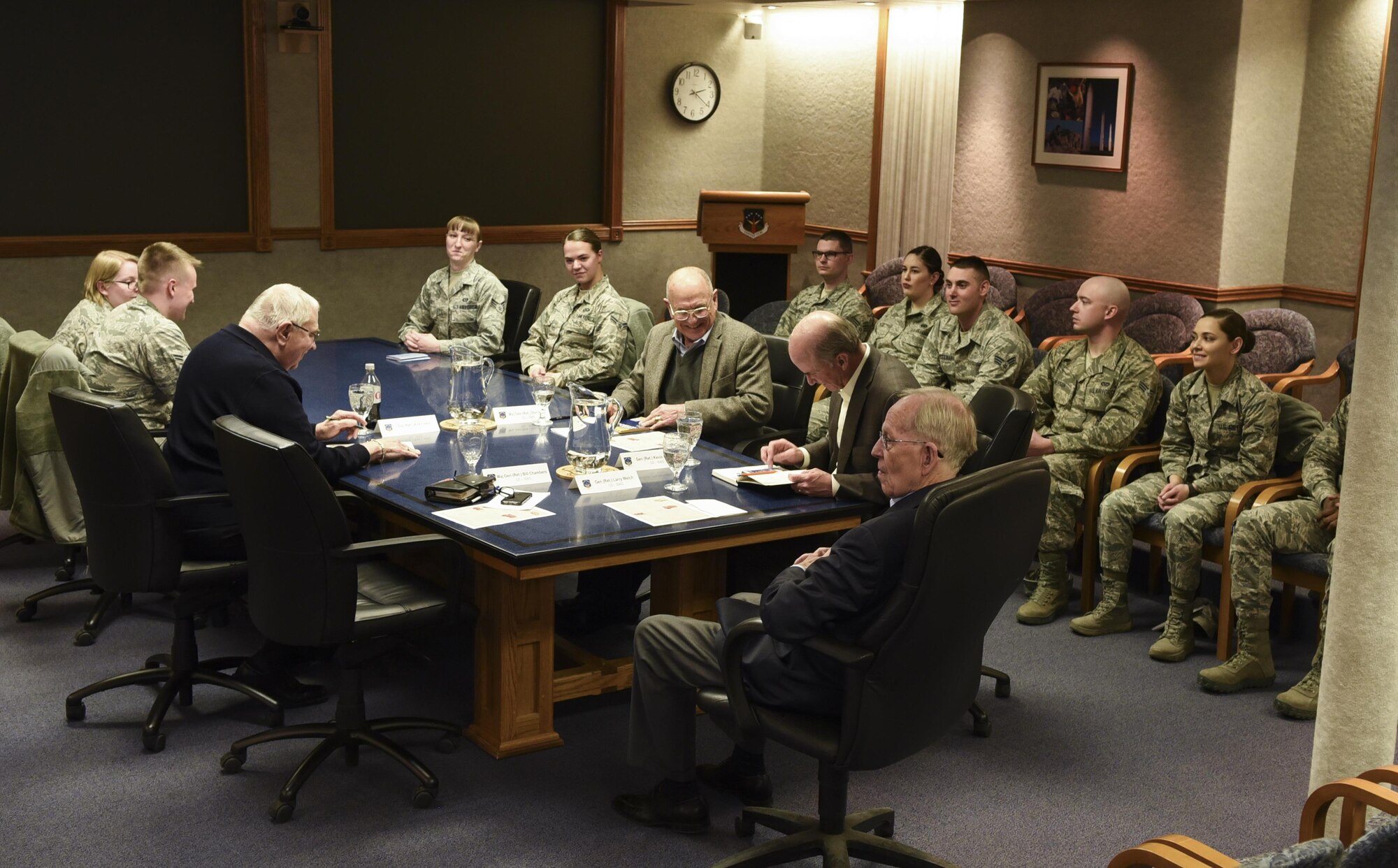 Members of the Independent Strategic Assessment Group talk to Airmen during their visit to F.E. Warren Air Force Base, Wyo., March 6, 2017. The discussion covered several topics from quality of life issues to improving systems and processes. This was the first missile wing visit on the ISAG’s agenda as it initiates a strategic-level assessment and review of Air Force Global Strike Command operations. (U.S. Air Force photo by Terry Higgins)  
