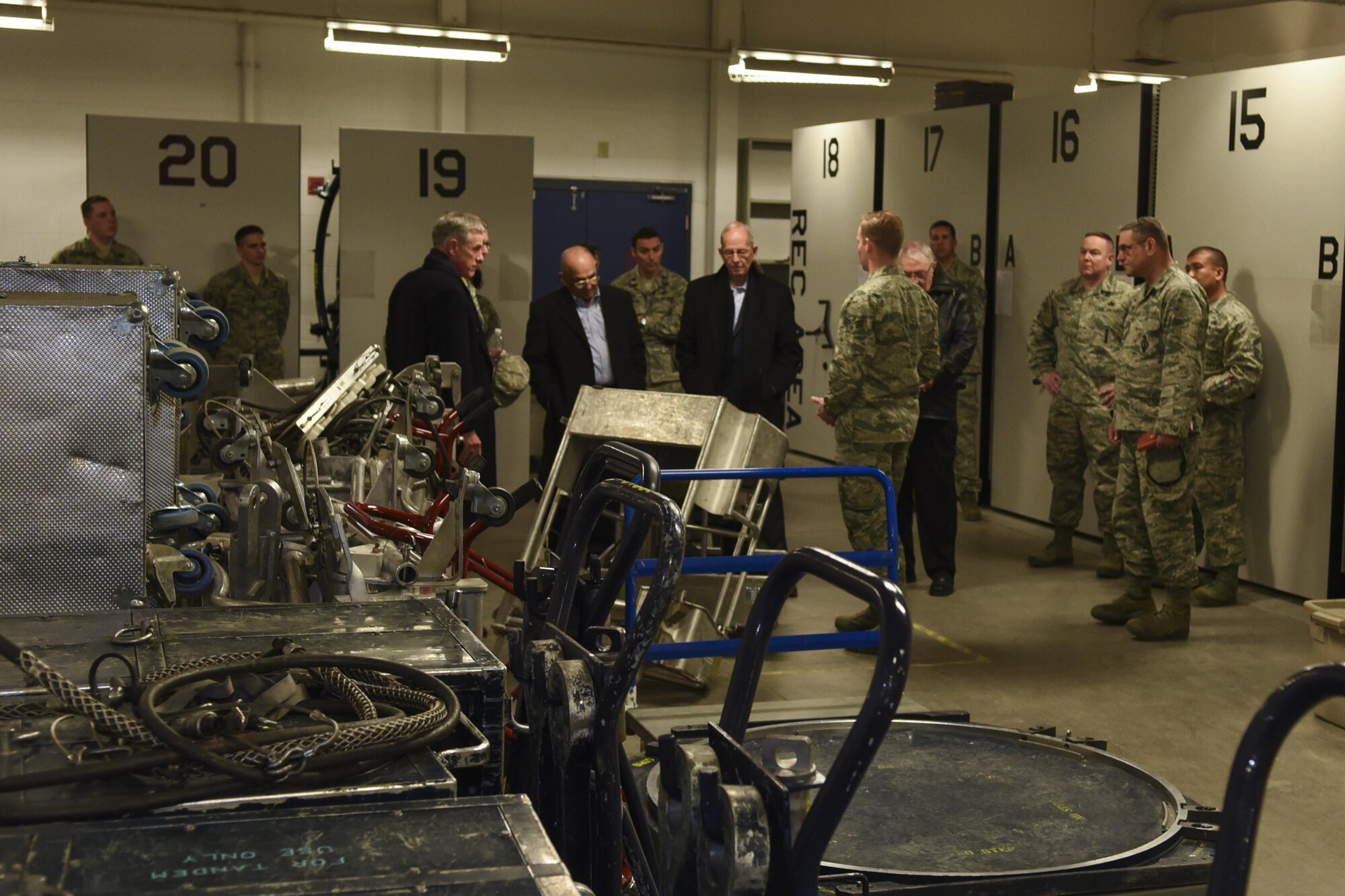 The Independent Strategic Assessment Group team, which consisted of several retired Air Force senior leaders, tours a 90th Maintenance Squadron facility during their visit to F.E. Warren Air Force Base, Wyo., March 7, 2017. ISAG team discussions with Airmen focused on how previous changes have impacted their daily duties, how to improve broken processes and ways to better the quality of life for members and their families. This was the first missile wing visit on the ISAG’s agenda as it initiates a strategic-level assessment and review of Air Force Global Strike Command operations. (U.S. Air Force photo by Terry Higgins)  