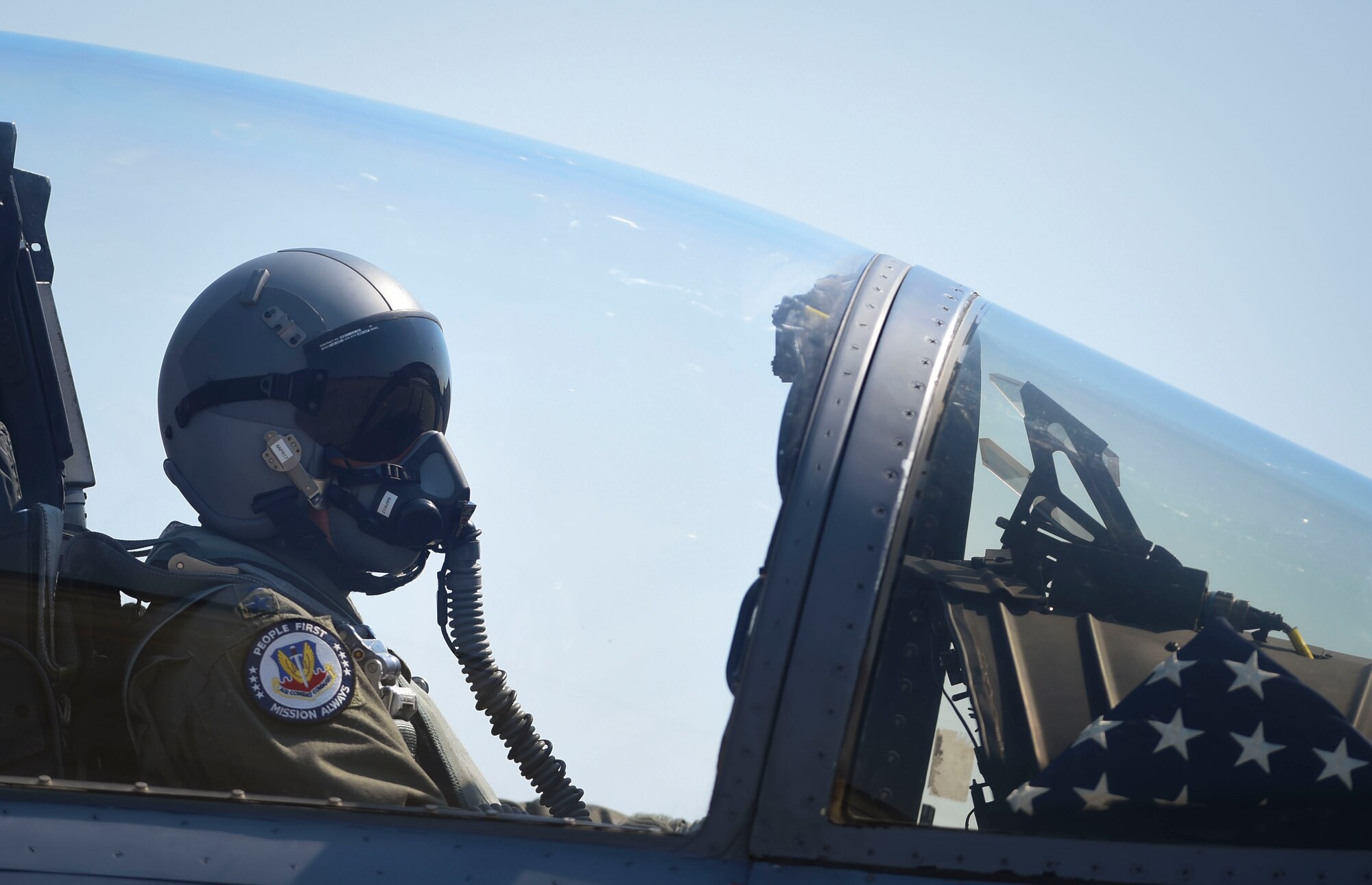 Photo of U.S. Air Force Gen. Herbert “Hawk” Carlisle, commander of Air Combat Command, as he prepares to takeoff on his final flight