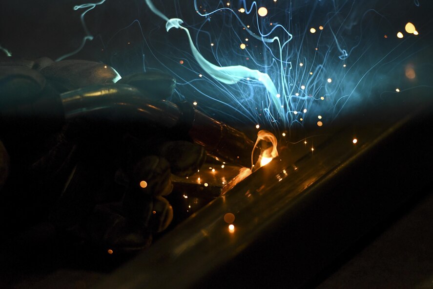 U.S. Air Force Senior Airman Kelly Huddleston, 51st Maintenance Squadron aircraft metals technology journeyman, welds together an A-frame at Osan Air Base, Republic of Korea, March 7, 2017. The Airmen assigned to the aircraft metals technology shop are highly skilled technicians with the training and equipment to repair or fabricate almost any metal piece needed across the base. (U.S. Air Force photo by Staff Sgt. Victor J. Caputo)