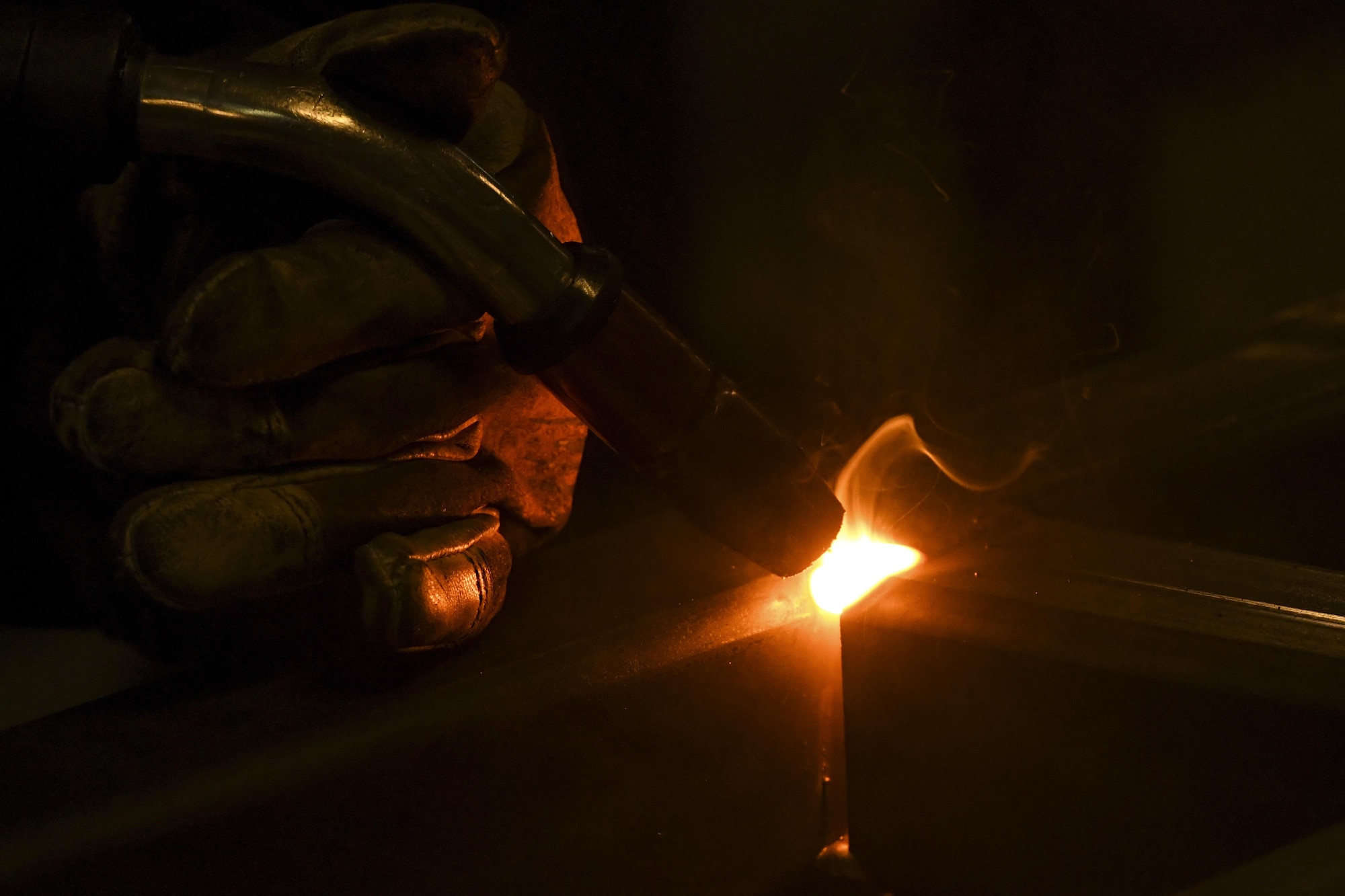 U.S. Air Force Senior Airman Kelly Huddleston, 51st Maintenance Squadron aircraft metals technology journeyman, welds together an A-frame at Osan Air Base, Republic of Korea, March 7, 2017. The Airmen assigned to the aircraft metals technology shop are highly-skilled technicians with the training and equipment to repair or fabricate almost any metal piece needed across the base. (U.S. Air Force photo by Staff Sgt. Victor J. Caputo)