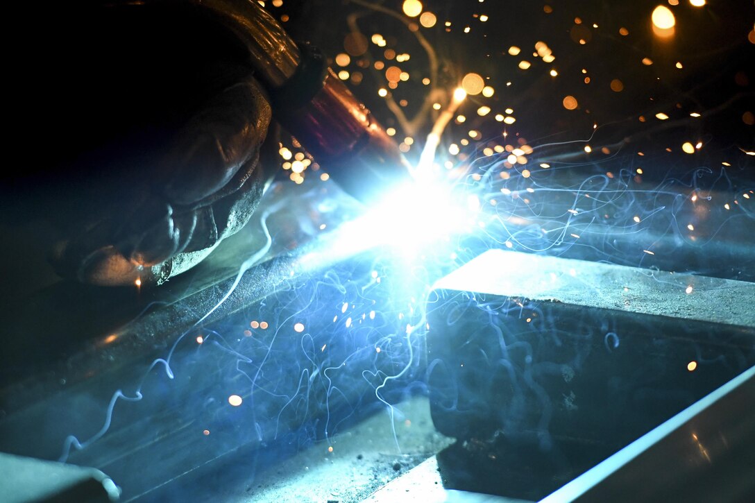 U.S. Air Force Senior Airman Kelly Huddleston, 51st Maintenance Squadron aircraft metals technology journeyman, welds together an A-frame at Osan Air Base, Republic of Korea, March 7, 2017. The Airmen assigned to the aircraft metals technology shop are highly skilled technicians with the training and equipment to repair or fabricate almost any metal piece needed across the base. (U.S. Air Force photo by Staff Sgt. Victor J. Caputo)