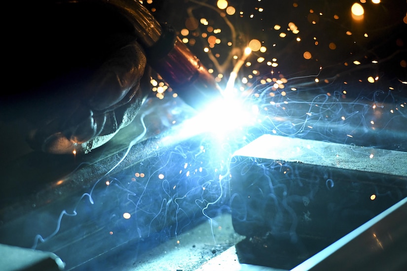 U.S. Air Force Senior Airman Kelly Huddleston, 51st Maintenance Squadron aircraft metals technology journeyman, welds together an A-frame at Osan Air Base, Republic of Korea, March 7, 2017. The Airmen assigned to the aircraft metals technology shop are highly skilled technicians with the training and equipment to repair or fabricate almost any metal piece needed across the base. (U.S. Air Force photo by Staff Sgt. Victor J. Caputo)