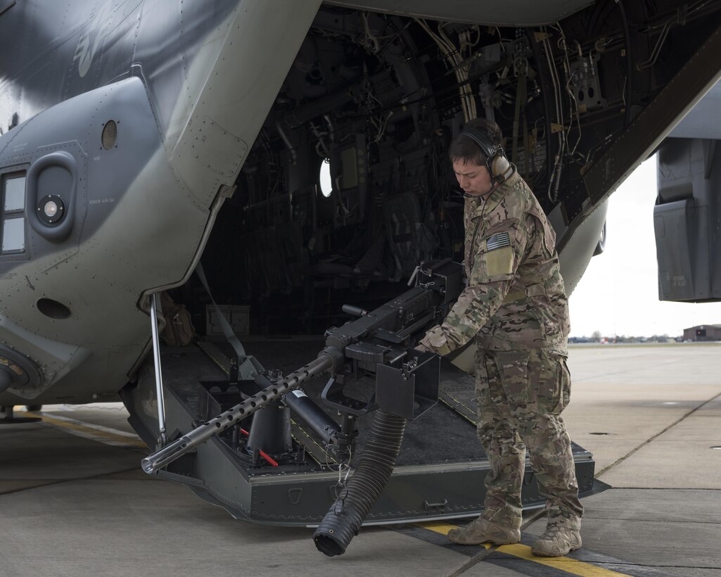 Staff Sgt. Justin O’Brien, 7th Special Operations Squadron special mission aviator, performs preflight checks on a CV-22 Osprey’s ramp-mounted weapon system, a .50-caliber GAU-21 heavy machine gun Mar. 7, 2017, on RAF Mildenhall, England. When assigned to the tail position of the aircraft, SMAs are responsible for operating the RMW, weight and balance, clearing the landing zone and alternate insertions and extraction methods, among other duties. (U.S. Air Force photo/Capt Chris Sullivan)