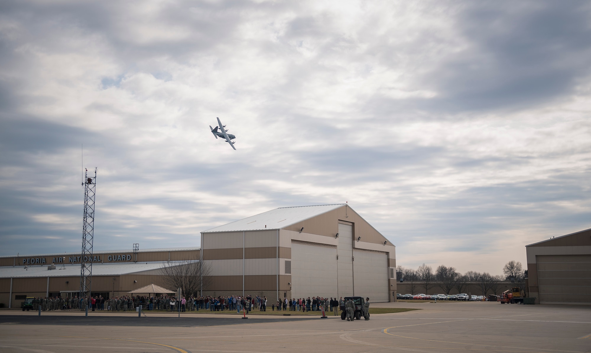 A C-130 Hercules assigned to the 182nd Airlift Wing, Illinois Air National Guard, returns to Peoria, Ill., from an overseas deployment March 5, 2017. More than 100 182nd Airlift Wing Airmen deployed to an undisclosed location in Southwest Asia in support of Operation Freedom’s Sentinel. (U.S. Air National Guard photo by Tech. Sgt. Lealan Buehrer)