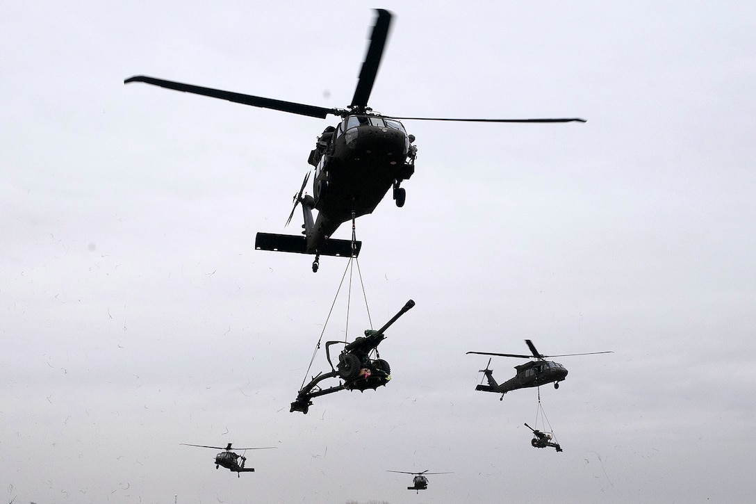 Four Oklahoma Army National Guard UH-60 Black Hawk helicopters take off during slingload and live-fire training at Fort Sill, Okla., March 4, 2017. Oklahoma Army National Guard photo by Sgt. Bradley Cooney