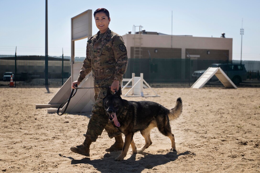 Army Pfc. Elizabeth Adrian walks with her military working dog, Freddy, during a demonstration at Camp Arifjan, Kuwait, March 7, 2017. Adrian is a military working dog handler assigned to the Directorate of Emergency Services in Kuwait. Army photo by Staff Sgt. Dalton Smith