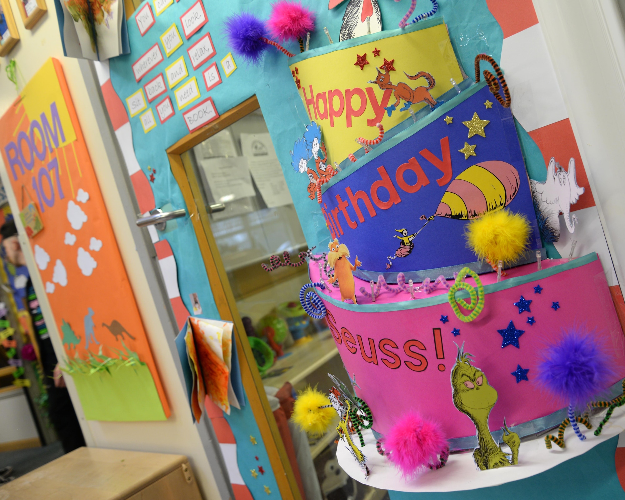 Doors are decorated to celebrate Dr. Seuss’ birthday at the RAF Mildenhall, England, Child Development Center March 3, 2017. Team Mildenhall commanders voted on the various designed doors and read to children. (U.S. Air Force photo by Senior Airman Justine Rho)