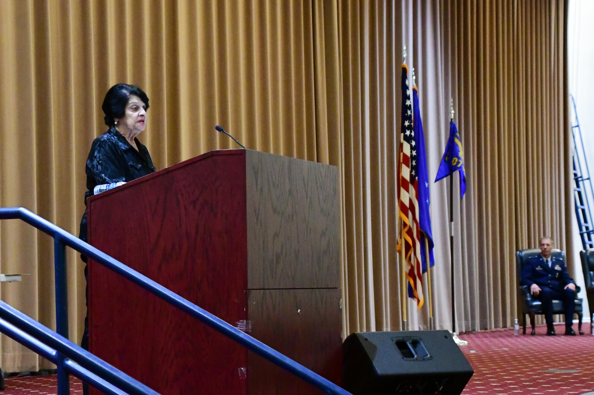 Catherine Vanderberry, 707th Maintenance Squadron honorary commander, addresses her new troops at the 707th Maintenance Squadron Honorary Commander Induction Ceremony at Barksdale Air Force Base, La. March 5, 2017. Vanderberry is the first ever honorary commander for the 707th MXS. (U.S. Air Force photo by Master Sgt. Dachelle L. Melville/Released)