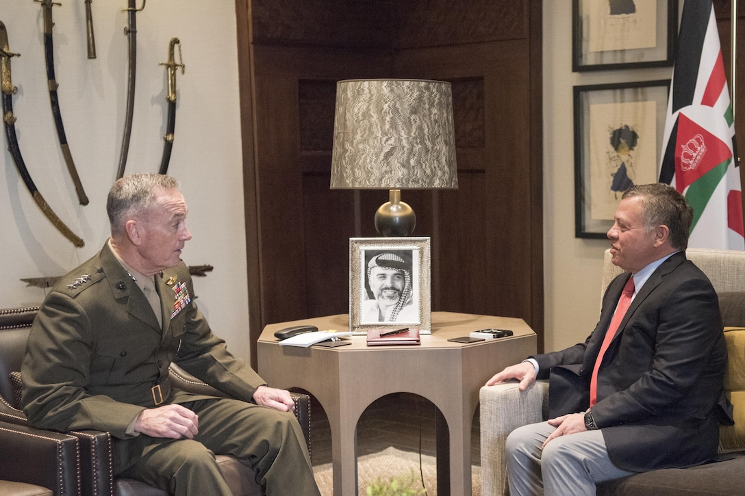 Marine Corps Gen. Joe Dunford, chairman of the Joint Chiefs of Staff, meets with King Abdullah II at his palace in in Amman, Jordan, March 9, 2017. DoD photo by Navy Petty Officer 2nd Class Dominique A. Pineiro