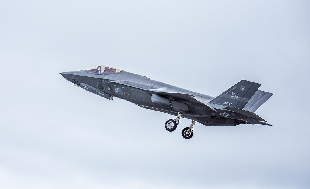 A 33rd Fighter Wing F-35A Lightning II takes off Feb. 27, 2017, to conduct sorties at Eglin Air Force Base, Fla. The F-35’s helmet mounted display system is the most advanced system of its kind. All the intelligence and targeting information an F-35 pilot needs to complete the mission is displayed on the helmet’s visor. This provides the pilot with unsurpassed situational awareness, positive target identification and precision strike in all weather conditions. (U.S. Air Force photo/Kristin Stewart)
